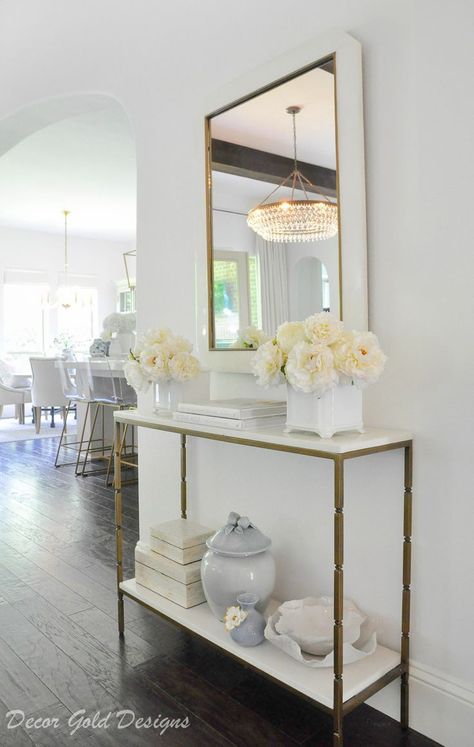 Bright summer home tour styled console table #entry #entryway #entryhall #interiors #homedecor #decorating #summerdecor #summerdecorating #interiordecor #interiordecorating #consoledecor #homeaccessories Transitional Guest Bathroom, Entry Table Decor, Console Table Decorating, Entryway Table Decor, Entry Tables, Gold Designs, Summer Home, Summer Home Decor, Entry Table