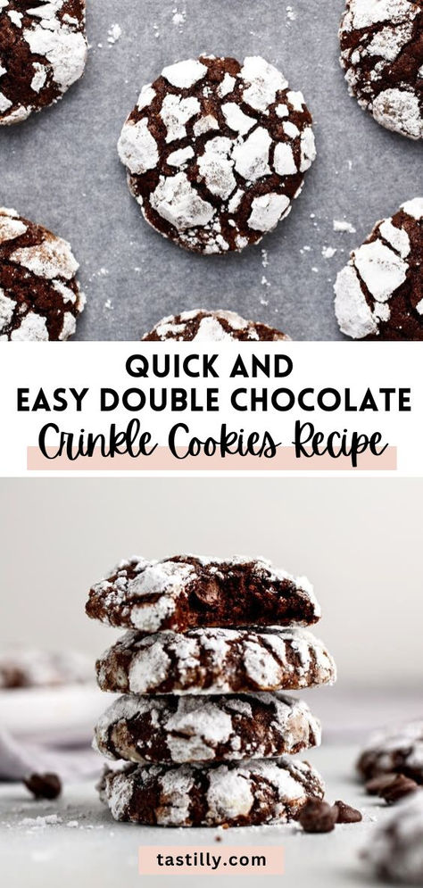 Enjoy rich and fudgy Double Chocolate Crinkle Cookies with a soft texture, fudgy brownie taste, and melted chocolate chips inside. Granulated sugar and powdered sugar coating give them beautiful crinkles that resemble snowy days. Effortless to prepare, these cookies will be a hit on your Christmas holidays. Melted Chocolate Chips, Chocolate Crinkle Cookies Recipe, Crinkle Cookies Recipe, Chocolate Crinkle, Christmas Desserts Easy, Christmas Baking Recipes, Fudgy Brownie, Chocolate Crinkle Cookies, Chocolate Crinkles