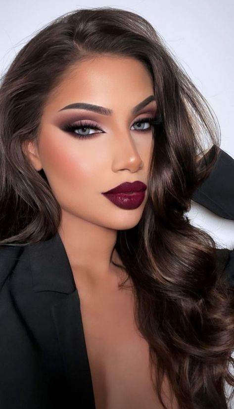 Makeup Looks For Red Dresses, Smokey Eye For Red Dress, Classic Hollywood Makeup Glamour, Makeup Photo Shoot Ideas, Eye Makeup For Maroon Dress, French Maid Makeup, Burgundy Bridal Makeup, Casino Royale Makeup, Havana Nights Makeup