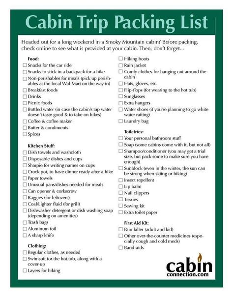 Packing List For Cabin Rentals -  Packing List For Cabin Rentals Cabin Trip Packing List, Trip Packing List, Mountains Vacation, Travel Wisconsin, Cabin Trip, Camping Packing List, Lake Camping, Trip Packing, Tennessee Travel