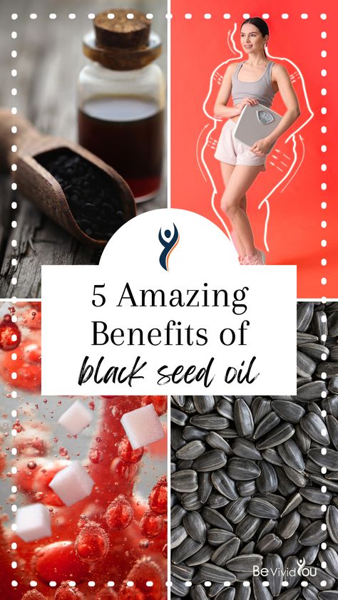 A graphic titled "5 Amazing Benefits of Black Seed Oil." There are 4 pictures: Top left is a scoop of black seeds with a jar of oil in the background, Top right is a woman holding a scale to lose weight, Bottom Left is a graphic of blood sugar, and bottom right is a pile of enlarged black seeds. Benefits Of Black Seed Oil On Skin, Black Seed Oil For Skin, How To Make Black Seed Oil, How To Take Black Seed Oil, Black Seed Oil Benefits How To Use, Blackseedoil Benefits, Black Seed Oil Benefits For Women, Black Seed Benefits, Black Rice Benefits