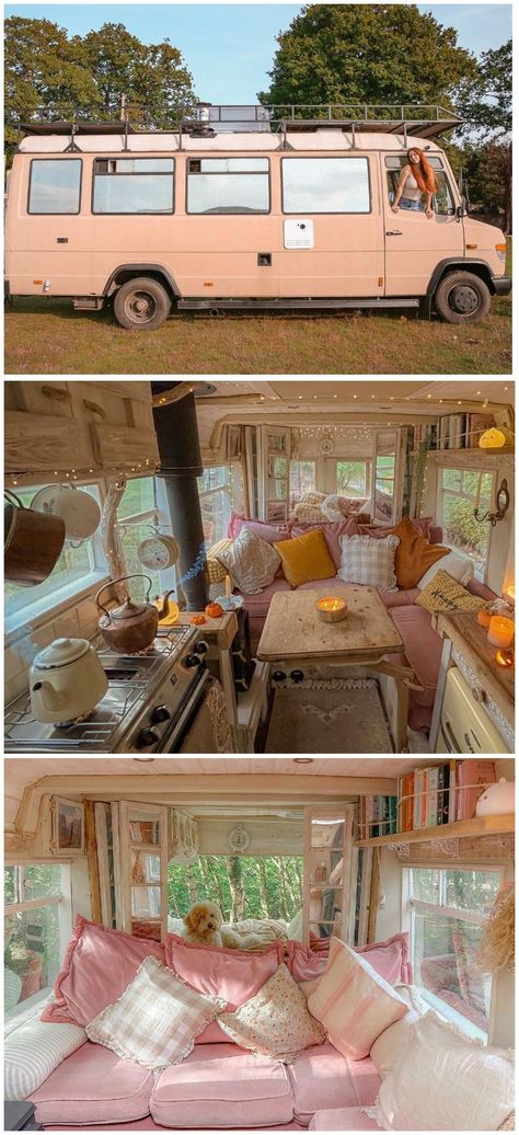 Josie, a self-employed dancer in the UK, transformed a 2002 Mercedes Vario minibus into a charming, fully-functional  home on wheels. The interior boasts a cozy, country-style kitchen made from reclaimed materials, a homemade sofa from recycled items, and an innovative sleeping area with distinct living and bedroom spaces separated by mirrored  shutters. The van includes a composting toilet and a recirculating shower  system. #tinyhome #busconversion #skoolie Small Home Organization Ideas, Small Home Storage Ideas, Small Home Storage, Small Home Organization, Home Storage Ideas, School Bus Tiny House, Small House Organization, Camper Interior Design, House Storage