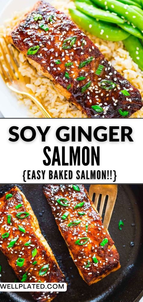 Lemon Soy Glazed Salmon, Baked Salmon Asian Style, Foods With Ginger, Ginger Sauce For Salmon, Asian Salmon Glaze, Soya Sauce Salmon Recipe, Salmon Soy Sauce Honey, Honey Soy Salmon Baked, Ginger Teriyaki Salmon