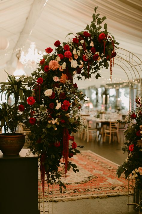 Gorgeous Red Flower Arch for Marquee Wedding | By Adam and Grace | Emma Beaumont Wedding Dress | Church Wedding Ceremony | White Flower Crown for Bride | Bridesmaid Flower Crown | Mismatched Bridesmaid Dresses | Country House Wedding | Red Wedding Flowers | Flower Arch | Wedding Flower Arrangments | Wedding Decor Red Winter Wedding, Isle Decor, White Wedding Arch, Red And White Weddings, Red Wedding Theme, White Roses Wedding, Red Rose Wedding, Red Wedding Flowers, Red And White Roses