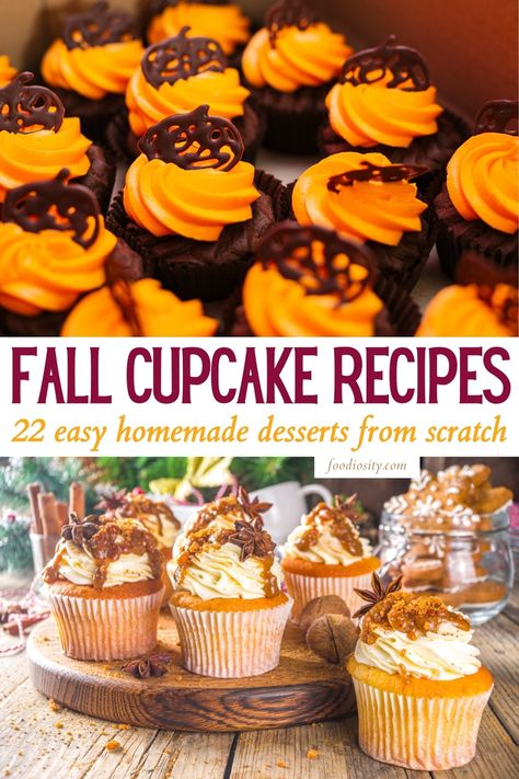 22 Fall Cupcake Recipes (Easy & Moist) - Foodiosity Fall Inspired Cupcake Flavors, Thanksgiving Flavored Cupcakes, Fall Filled Cupcakes, Maple Cupcakes Recipe, Award Winning Cupcakes, Mini Fall Cupcakes, Fall Gourmet Cupcakes, Lemon Cupcake Decorating Ideas, Fall Inspired Cupcakes