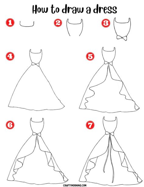 How To Draw A Designer Dress, Dress Drawing Sketches Easy Step By Step, Step By Step Dress Drawing, Easy Dress Designs To Draw, How To Design A Dress Drawing, Drawing A Dress Step By Step, How To Design A Dress Step By Step, How To Draw Clothes Easy, Drawing Dresses Sketches Easy