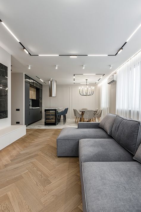 Coswick oak Pastel herringbone hardwood flooring was used in the project. Designer: Evgeniya Gul. Coswick dealer: Respect Home. #Coswick #Hardwood #Flooring #oakflooring #parquet #parquetflooring Large Herringbone Wood Floor, Modern Living Flooring Ideas, Living Room Parket Floor, Parkay Flooring Living Room, Living Room Parquet Floor, Parque Flooring Living Room, Herringbone Floor Oak, Herringbone Parquet Flooring, Oak Herringbone Floor Living Room