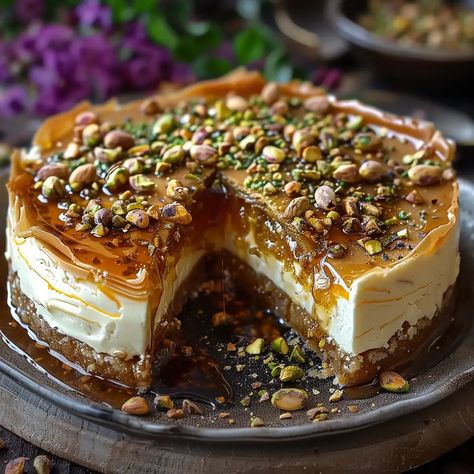 Savoury Dessert Recipes, Honey Pistachio Cheesecake, Honey Pistachio Cake, Honey Baklava Cheesecake, Pistachio Baklava Cake, Baklava Pistachio Cheesecake, Christmas Dinner Desserts Ideas, Desserts To Impress Dinner Parties, Decadent Cheesecake Recipes