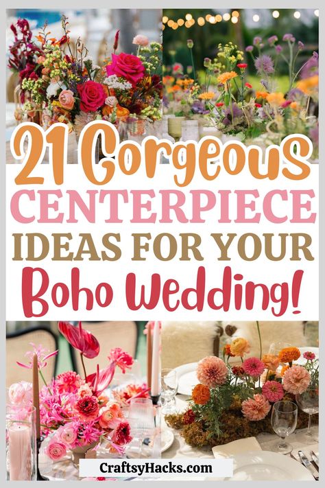 Transform your wedding tables with exquisite boho wedding decor. Discover wedding centerpiece ideas that incorporate earthy tones and eclectic details. Ideal for planning a wedding that's stylish on a budget. Boho Wedding Must Haves, Wedding Table Decorations Natural, Summer Flower Wedding Centerpieces, Eclectic Centerpieces Wedding, Candle Center Piece For Wedding Tables, Wedding Flowers Summer Centerpieces, Wedding Table Ideas On A Budget, Wild Flower Table Setting, Boho Wedding Idea