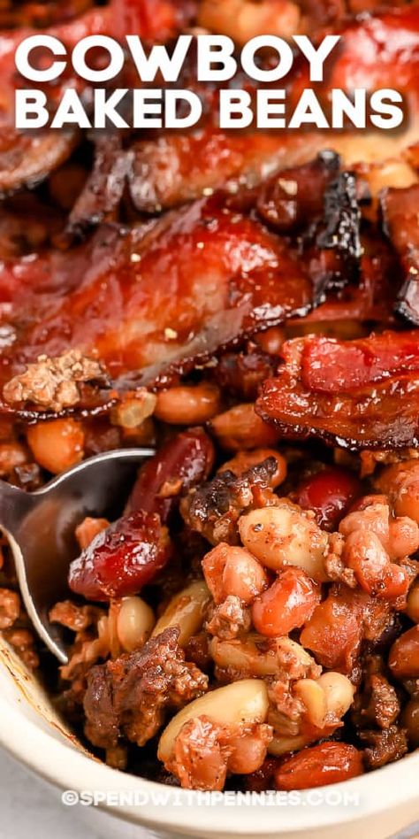 This Cowboy Baked Beans recipe is chock-full of beans, seasoned beef, and bacon! It's a flavorful, warm dish perfect for those colder fall days! #spendwithpennies #cowboybakedbeans #recipe #ovenbaked #sidedish #casserole #homemade #bacon #flavorful #easy Cowboy Baked Beans, Recetas Salvadorenas, Baked Beans With Bacon, Bbq Baked Beans, Cheesy Broccoli Casserole, Homemade Bacon, Cowboy Beans, Baked Bean Recipes, Pot Pies