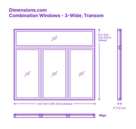 The 3-Wide Transom combination window is a tasteful design that features three vertical panels in a single horizontal row, topped by a continuous transom gracefully spanning all three panels in the second row. This three-panel-wide layout expertly merges form and function, ensuring a generous influx of natural light and presenting extensive views. Downloads online #windows #buildings #construction Window Dimensions Standard, 3 Panel Window, Standard Window Sizes, Window Model, Floor Plan Symbols, Window Construction, Aluminum Doors, Window Dimensions, Elevation Drawing