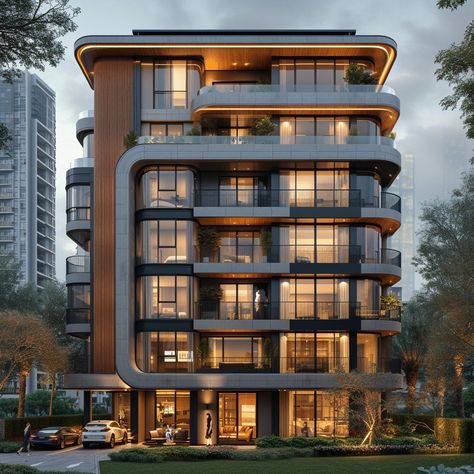 Residental Complex AI Modern Exterior Apartment Designs, Building Facades Modern, Architectural Facade Design, Residential Building Elevation Design, Modern Facade Design Residential, Commercial Complex Elevation, Apartment Facade Design Architecture, Modern Building Elevation, Apartment Exterior Design Modern