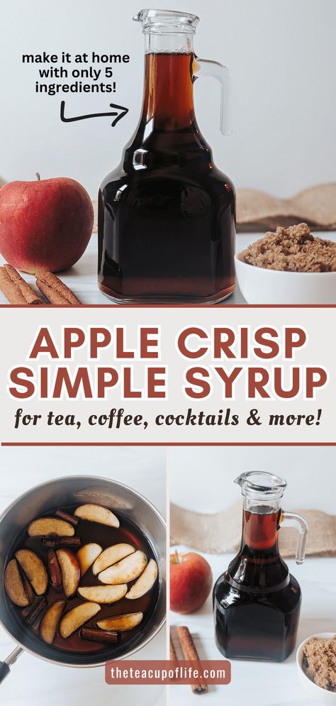 Step aside pumpkin, apple is here! This homemade Apple Crisp Simple Syrup is made with brown sugar, apples and cinnamon to taste like the timeless fall dessert. Use this simple syrup to sweeten and flavour tea, coffee, ice cream and so much more. Apple Crisp Simple, Apple Cinnamon Tea Recipe, Apple Syrup Recipe, Flavored Coffee Recipes, Homemade Coffee Syrup, Homemade Apple Crisp, Cinnamon Drink, Apple Brown Sugar, Simple Syrup Recipe