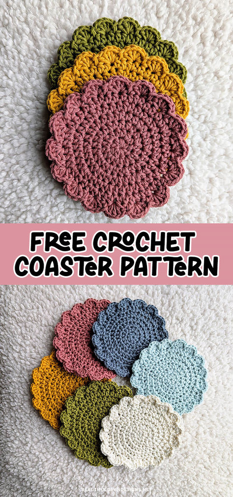 One of these quick and easy crochet coasters can be made in under 30 minutes. That makes them the perfect project for an afternoon or evening crochet session. Use this free pattern to make easy handmade gifts for friends and family. Easy Crocheted Coasters, Crochet Patterns For Coasters, Crochet Pattern Coaster Free, Coaster Crochet Easy, Easy Coaster Crochet Pattern Free, Round Coasters Crochet, Quick Crochet Coasters, Square Coaster Crochet Pattern Free, Fast Crochet Gifts Last Minute