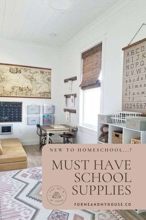 Just Decided to Homeschool? These are Your MUST HAVE Supplies to Get You Started! — For Me & My House Homeschool Classroom Setup, Minimalist Homeschool, Homeschool Room Decor, Homeschool Room Design, Homeschool Room Organization, Homeschool Supplies, Homeschool Decor, Homeschooling Resources, Homeschool Room