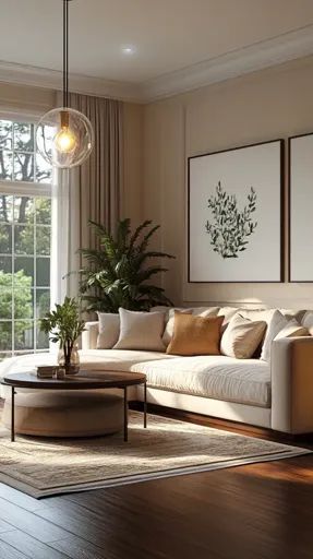 ↑↑↑ Larger size on website 🔸 A spacious living room with a large white sectional sofa, a round coffee table and a large window wi Oval Sofa, Airy Living Room, Window With A View, White Sectional Sofa, White Sectional, Brown Throw Pillows, Large Window, Mid Century Modern Living Room, White Ceiling