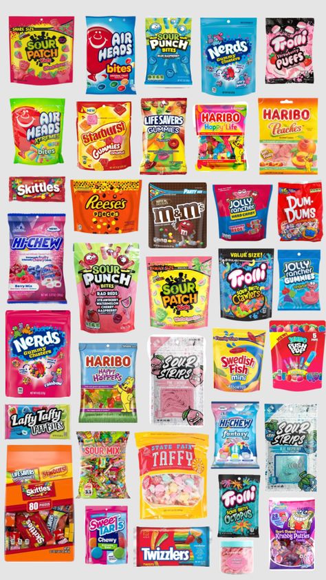 Candyyy #candy #yummy #snacks Candies For Birthday Party, Snack Ideas For Pantry, Candy To Try, Walmart Snacks Ideas, Popular Candy Brands, Sweets Ideas For Parties, Bag Of Candy Aesthetic, Types Of Candy List, Rainbow Candy Aesthetic