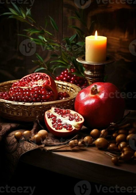 Rosh hashanah - the concept of the Jewish holiday of the New Year. Bowl of apple with honey, pomegranate and candles are traditional symbols of the holiday Apples And Honey, Mark Art, Apple Art, Rosh Hashana, Jewish Holiday, Rosh Hashanah, Holy Land, Pomegranate, The Holiday