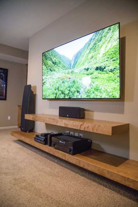 Wood Entertainment Unit, Floating Shelves Entertainment Center, Farmhouse Entertainment Center, Tv Mounted, Built In Entertainment Center, Floating Shelves Living Room, Diy Entertainment, Fireplace Entertainment Center, Tv Stand Designs