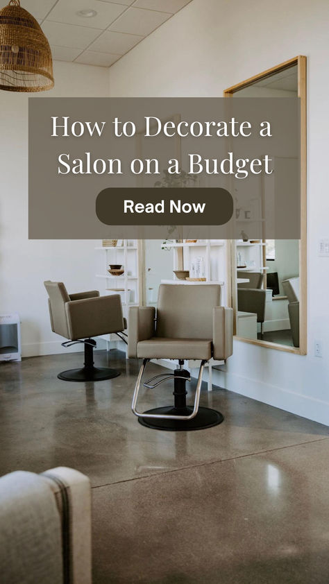 A salon space with two dark-beige styling chairs in front of two large mirrors. Classic Salon Interior Design, Open Concept Salon Ideas, Salon On A Budget, Small Hairdresser Salon, Beauty Salon Organization Ideas, Back Bar Salon Ideas, Salon Republic Studios, Salon Remodeling Ideas, Simple Salon Ideas