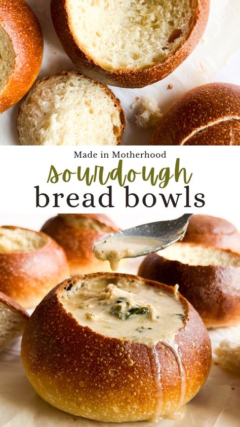 These sourdough bread bowls are the perfect way to serve your favorite fall soup recipes! Sourdough Bowl Soup, Fall Baking Sourdough, Panera Sourdough Bread Bowl Recipe, Sourdough Bread Soup Bowls, Sour Dough Bread Bowls For Soup, Sour Dough Bread Bowl, Sourdough Super Bowl Snacks, Sourdough Soup Bread, Soughdough Starter Recipe