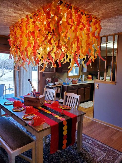 Diy Firefighter Birthday Decorations, Firefighter Party Ideas For Adults, Firetruck 4th Birthday Party, Police Fireman Birthday Party, Fire Company Banquet Ideas, Birthday Party Firefighter, Fire Banquet Decorations, Firehouse Birthday Party Ideas, Fireman 3rd Birthday Party