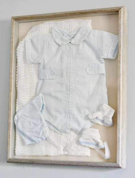 How to Make a DIY Framed Baby Outfit | Lamberts Lately Frame Clothing, Framed Clothing, Framed Baby Blanket, Framed Baby Clothes, Newborn Shadow Box Ideas, Baby Box Frame Ideas, Newborn Box Frame, Newborn Shadow Box, Family Heirloom Display