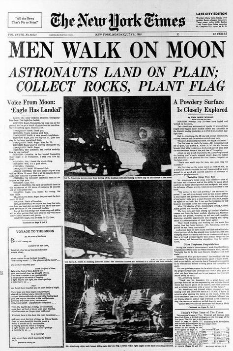 New York Times Newspaper, Apollo Space Program, Newspaper Front Pages, Times Newspaper, Michael Collins, Newspaper Headlines, Historical Newspaper, Vintage Newspaper, Newspaper Design