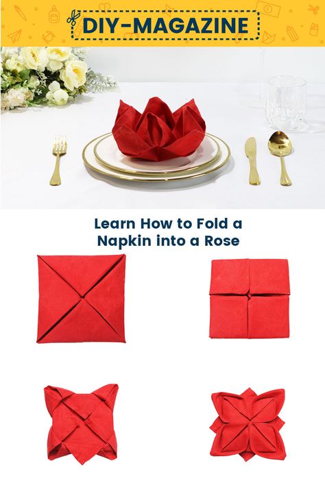 How to fold a napkin into a Rose Fabric Napkin Folding Ideas, Table Napkin Folding Step By Step, Flower Napkin Folding, Flower Napkin Fold, How To Fold Napkins Fancy, Diy Paper Napkin Folding, Napkin Folding Rose, Rose Napkin Fold, Napkin Folding Flower