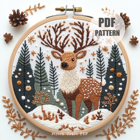 DESCRIPTION Discover the beauty of nature with this Deer in Forest Hand Embroidery Pattern! Perfect for nature lovers and embroidery enthusiasts, this design captures a serene woodland scene. Create stunning hoop art featuring a majestic deer amidst evergreen trees. Instantly downloadable, this pattern makes embroidery stitching enjoyable and accessible. Let's stitch and bring this enchanting forest to life! YOUR DOWNLOAD INCLUDES: ~ Printable PDF pattern in 6 sizes: 3,4,5,6,7 and 8 inches, givi Reindeer Embroidery Pattern, Forest Embroidery Pattern, Rudolph Embroidery, Winter Embroidery Patterns, Embroidery Reindeer, Embroidery Woodland, Embroidery Forest, Woodland Embroidery, Forest Embroidery