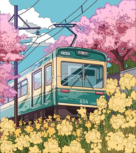 Japanese Train, Spring Drawing, Train Illustration, Train Drawing, Japanese Nature, Japan Illustration, Japanese Drawings, Pink Cherry Blossom, Train Art