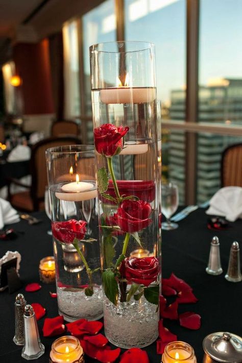 Red Black And Silver Wedding Centerpieces Table Decorations, Valentine Decor Ideas, Tv Stand Ideas, Romantic Dinner Decoration, Beauty And Beast Wedding, Red Centerpieces, Floating Candle Centerpieces, Red Wedding Theme, Gold Centerpieces