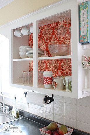 Then you can line your doorless cabinets with fabric for a gorgeous focal point. | 21 Kitchen Upgrades That You Can Actually Do Yourself Open Kitchen Cabinets, Koti Diy, Rental Kitchen, Kabinet Dapur, Diy Kitchen Renovation, Cabinet Remodel, Kitchen Cabinets Makeover, Kitchen Cabinet Remodel, Cabinet Makeover