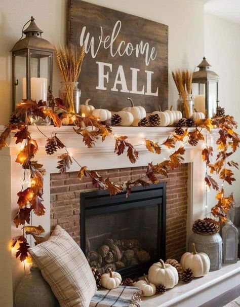 Small House Fall Decorating, Fall Decor Rustic, Fall Decor Mantle Ideas, Fall Ledge Decor, Fall Season Decorations, Autumn Fireplace Decor Ideas, Fall Decorations Apartment, Indoor Autumn Decor Ideas, Autumn Fall Decor