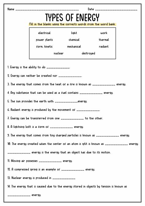 Different Forms of Energy Worksheets Science 6th Grade Worksheets, Science Worksheets Grade 6, Science Energy Activities, Energy Transformation Worksheet, Energy Worksheets Grade 4, Middle School Activity Sheets, Sources Of Energy Worksheet, Educational Worksheets Free Printables, Types Of Energy Worksheet