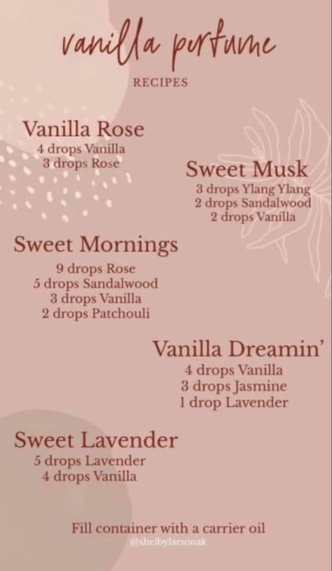 Young Living Vanilla Perfume recipes #essentialoils #vanilla #perfume Essential Oil Perfume Blends, Lilin Aroma, Koleksi Parfum, Essential Oil Perfumes Recipes, Homemade Perfume, Săpunuri Handmade, Essential Oil Combinations, Soya Mumu, Essential Oil Diffuser Blends Recipes