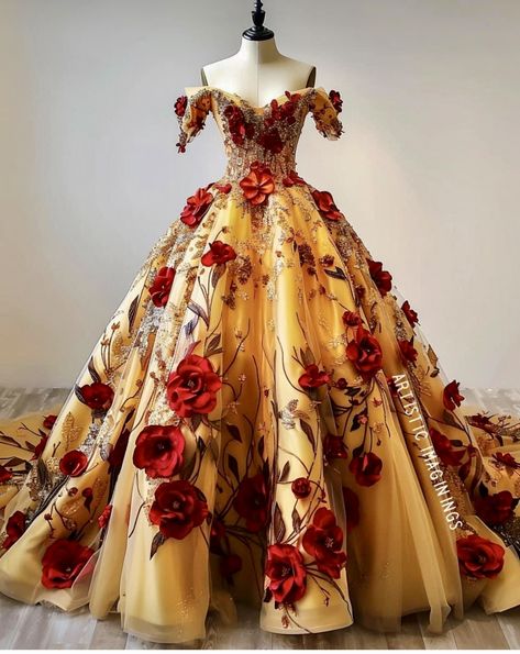 Gold Ball Gown, Vintage Prom Dresses, Belle Gown, Beauty And Beast Wedding, Pretty Quinceanera Dresses, My Wedding Dress, Fantasy Dresses, Fashion Drawing Dresses, Vintage Prom