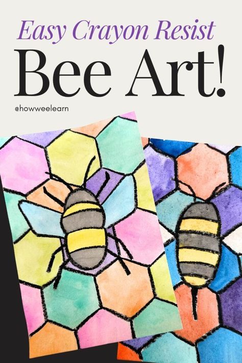 Beautiful bee art! This easy craft for kids is perfect for summertime and uses a simple crayon resist technique. See how naturally math and art fit together with this cool art project for kids! Summer Art Ideas For Kids Classroom, May Art Projects For Elementary, Art For Grade 1 Ideas, Art Ideas Primary School, Bee Art For Kindergarten, Year 4 Art Ideas, Bee Arts And Crafts For Kids, Quick Elementary Art Projects, Bee Craft Kindergarten