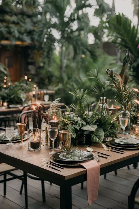 Disco Jungle Tulum Wedding At NU Tulum | Junebug Weddings Disco Jungle, Jungle Wedding, Greenery Arrangements, Tafel Decor, Tulum Wedding, Boda Mexicana, Wedding Week, Outdoor Dinner, Modern Tropical