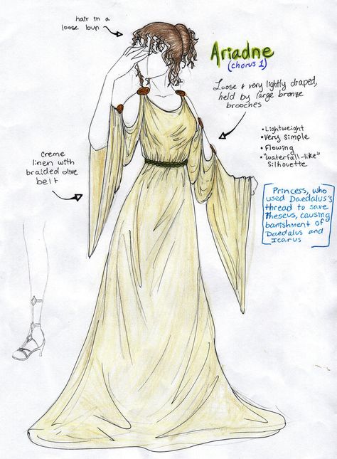 Costume Design Homework - Ariadne by ~jeevani on deviantART Ancient Greece Clothing, Greek Mythology Costumes, Ancient Greek Dress, Ancient Greece Fashion, Ancient Roman Clothing, Mythology Costumes, Greek Outfit, Greek Toga, Greece Dress