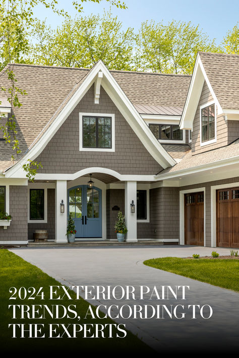 2024 Exterior Paint Trends, According to the Experts | The Scout Guide Taupe Exterior House Colors White Trim, Taupe Gray Exterior Paint Colors, Exterior Paint Colors For House With Weathered Wood Roof, Behr House Colors Exterior, Outdoor Siding Colors Home Exteriors, Popular Sherwin Williams Exterior Colors, One Color Exterior House, Ranch Home Paint Colors Exterior, Sw Tony Taupe Exterior