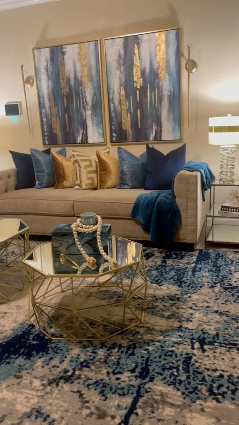 May Your Day Be Blessed, Blue And Gold Living Room, Home Interior Inspiration, Brown And Blue Living Room, Gold Living Room Decor, Brown Living Room Decor, Luxury Sofa Living Room, Glam Living Room Decor, Apartment Decorating Living