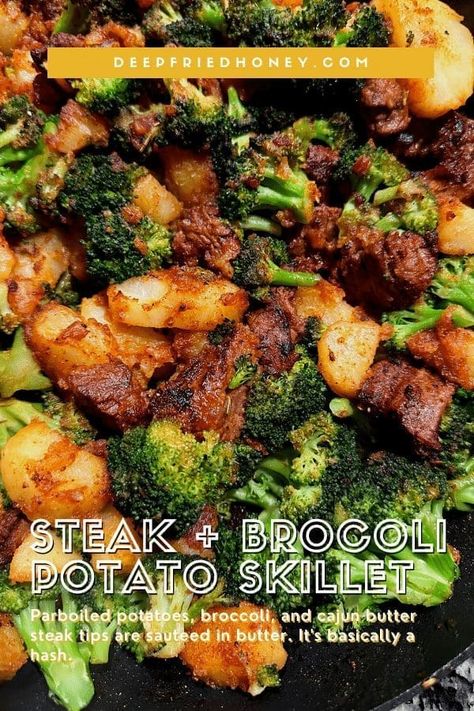 This Steak and Broccoli Potato Skillet is chock-full of tender steak tips, seasoned potatoes, and broccoli florets. A hearty, easy meal. Grilled Steak And Potatoes, Steak Asparagus Potatoes, Steak Tips And Potatoes, Steak And Broccoli Recipes, Steak And Potatoes Recipes, Broccoli Steak, Potatoes And Broccoli, Bacon Steak, Broccoli Potato