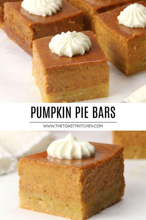 Pumpkin pie bars recipe by The Toasty Kitchen. Pumpkin pie bars taste like your favorite pumpkin pie, but in an easy to serve bar form! A buttery shortbread crust is topped with rich and smooth pumpkin pie filling. #pumpkinpiebars #pumpkinbars #thanksgivingdessert #thanksgiving #dessert #fall #pumpkin Pumpkin Bars With Pumpkin Pie Filling, Pumpkin Pie Bars With Sugar Cookie Crust, Pumpkin Pie For A Crowd, Easy Pumpkin Pie Bars Recipe, Pumpkin Pie Deserts, Pumpkin Recipes Bars, Pumpkin Pie Casserole Recipe, Pumpkin Dessert Recipes For Thanksgiving, Alternatives To Pumpkin Pie