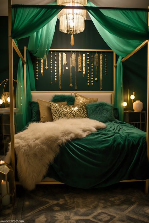 this Vibrant Modern Boho Bedroom is lit by emerald green LED strip lighting tucked behind the headboard. The walls are a muted sage (#9DC183), and the room features a four-poster bed, gold accents, and a patterned rug. Little Apartment Decor, Emerald Green Rooms, Emerald Bedroom, Street Room, Emerald Green Bedrooms, Beautiful Bed Designs, Baddie Apartment, Baddie Apartment Ideas, Green Room Decor