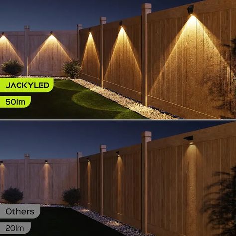 2024 New Solar Fence Lights 50 Lumens Bright Fence - Temu Soffit Lighting Exterior, Landscape Lighting Ideas Front Yards, Backyard String Lights, Solar Led Lights Outdoor, Fence Lights, Solar Step Lights, Patio Railing, Front Yard Decor, Solar Fence Lights