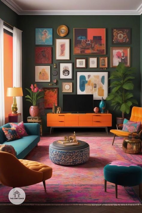 Does your home feel like a jumble of mismatched items? Time to unleash maximalism! This design trend is all about embracing the art of organized chaos. With vibrant colors and bold patterns, learn how to curate your space with style and grace. Whether you're a maximalist novice or a seasoned enthusiast, find the balance between eclectic pieces and harmonious design. #Maximalism #OrganizedChaos #DesignInspiration #HomeStyle #ColorfulLiving#Maximalism #OrganizedChaos #DesignInspiration #HomeStyle #ColorfulLiving Maximalist Home Design, Soft Maximalist Decor, Mid Century Maximalist Decor, Cozy Maximalist Living Room, Midcentury Maximalist, Mcm Maximalist, Bright Maximalist Decor, Contemporary Maximalism, Interior Design Maximalist