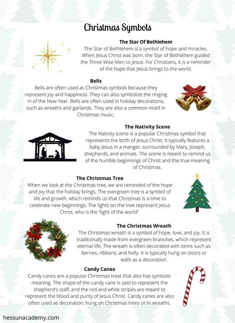 Use this free symbols of Christmas unit study and lesson plan to enhance your educational holiday activities. Christmas Symbols: What They Mean and How to Use Them Learn about the different symbols of Christmas and how to use them in your holiday celebrations. This free unit study and lesson plan is perfect for elementary students. Includes a printable Christmas Symbols poster and lesson plan. This is a great way to teach your children about the origins of Christmas traditions. Colors Of Christmas Meaning, Where Are You Christmas, Christmas History For Kids, Symbols Of Christmas Printable, Meaning Of Christmas Symbols, Christmas Symbols For Kids, Christmas Lessons For Kids, Christmas Tree Symbolism, The Symbols Of Christmas