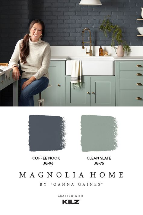 “Going with a dark paint color for a space might feel intimidating to some, but when you find deep, rich tones like these that beautifully elevate the space, the risk is worth it.” – Joanna Gaines. Read the story behind this elevated design style on our blog. Magnolia Homes Paint Colors, Bold Kitchen Colors, Stile Joanna Gaines, Bold Kitchen, Dark Paint Colors, Dark Paint, Gray Paint, Kitchen Cabinet Colors, Magnolia Homes