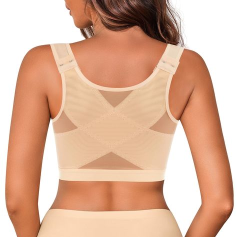 PRICES MAY VARY. POSTURE CORRECTOR BRA:This front close bra is designed for your better posture.Specially designed X shape back linked with strap,offer good back support and gently corrects your hunch over posture,relieve the pain of your back and shoulder.Not only remind you to keep a correct posture,but also reduce the back bulge. FRONT CLOSURE BRA:Convenient front closure style and thoughtful design,you can put this posture bra on and take off easily.More sturdy and convenient hook,let you we Posture Bra Sport Bras, Best Bras For Older Women, High Impact Sports Bra For Large Bust, Best Bras For Comfort And Support, Back Brace For Posture, Fix Bra, Posture Corrector Bra, Mastectomy Recovery, Front Close Bra